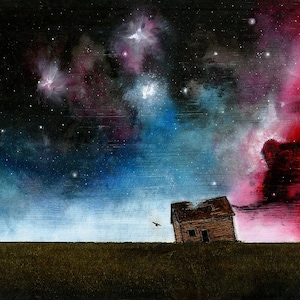 Under the Stars – Surreal Galaxy Art Print, Abandoned House Wall Decor, Dreamy Night Sky Painting