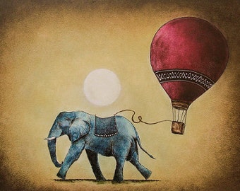 Art print // Elephant - hot air balloon - full moon // "8"