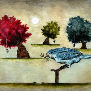 Art print // Bird tree books // Tausch image 1