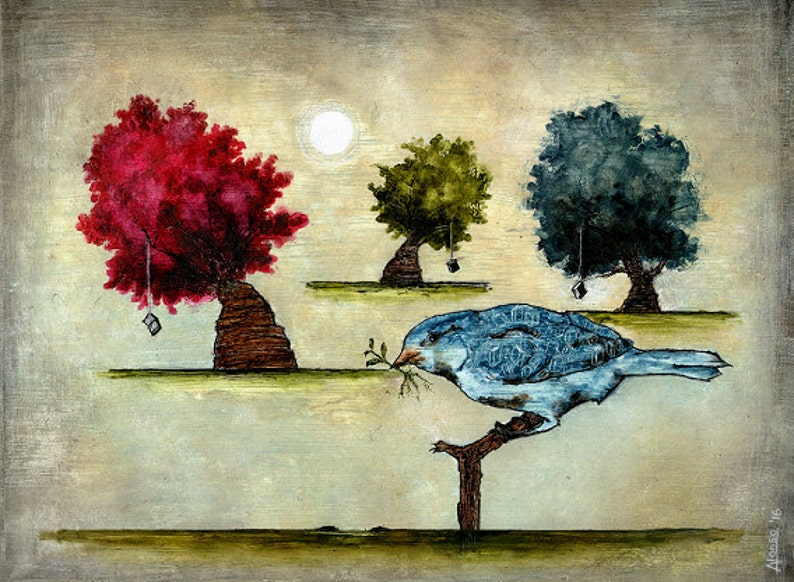 Art print // Bird tree books // Tausch image 1