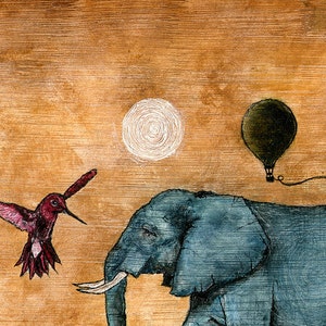 Art print // Elephant hummingbird hot air balloon // Réunion. image 3