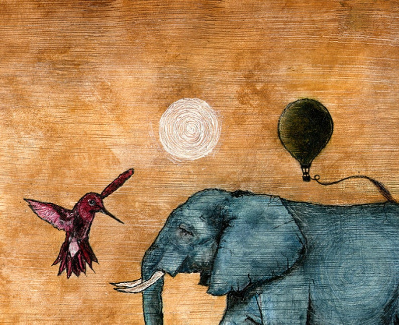 Art print // Elephant hummingbird hot air balloon // Réunion. image 3