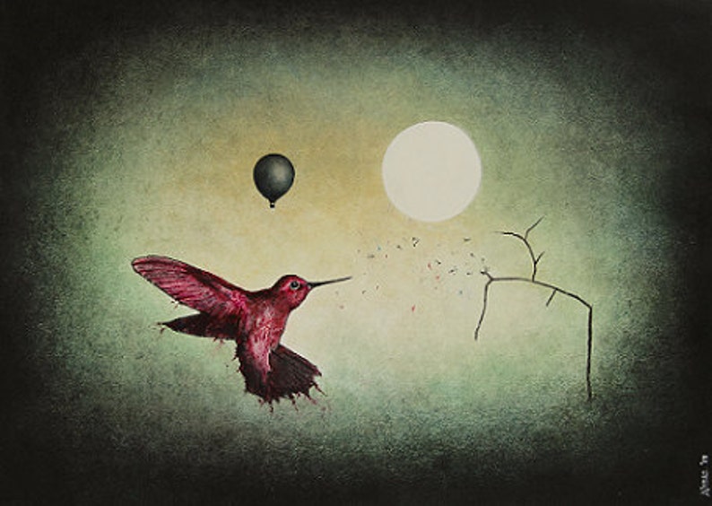 Art Print // Hot Air Balloon Hummingbird Moon // - Etsy