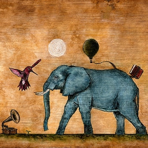 Art print // Elephant hummingbird hot air balloon // Réunion. image 1