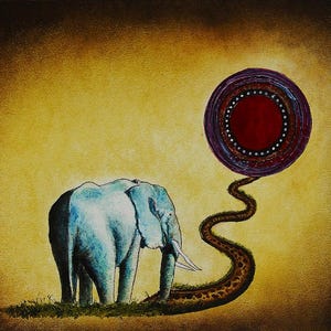 Puede incluir: Una ilustración de un elefante azul con una trompa larga y orejas grandes de pie en un camino marrón que conduce a un círculo morado con un centro rojo y detalles blancos.