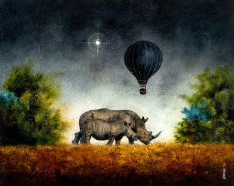 Art print / rhino - hot air balloon - stars - tree / "By & By"