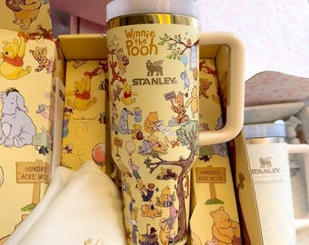 Pooh Bear Stanley Inspired Cup 40oz, Cute Aesthetic Tumbler with Straw, Cartoon Coffee Mug
