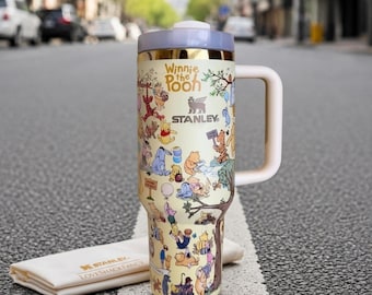 Winnie The Pooh Stainless Steel Tumbler, Cute 40oz Cup with Straw and Handle for Daily Use