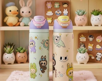 Cute Owala Water Bottle 32oz Designs, Labubu Inspired Wrap, Personalized Tumbler Sticker, Kawaii Water Bottle Gift for Girls, Custom Bottle