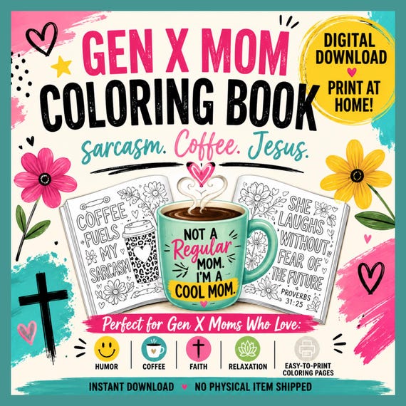 Christian Adult Coloring Book Pages Printable Pdf Digital Download Instant Access Mom Gift Sarcastic Humor Coffee Themed Faith Quotes Stress
