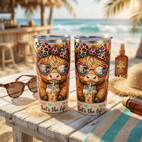 Highland Cow Tumbler Insulated Coffee Cup Funny Travel Mug Leopard Print Gift Animal Enthusiast Present Beach Vacation Iced Drink Holder