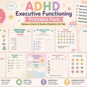 May include: ADHD Executive Functioning printable pack with 10 pages of behavior charts and checklists for kids. Includes morning routines, homework trackers, mood trackers, and weekly goals. Features a pastel color scheme.