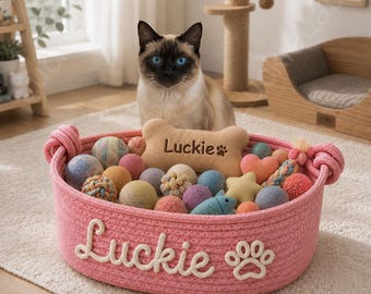Personalized Pet Toy Basket, Custom Dog Name Basket, Cute Toy Storage, Rope Cotton Lovely Basket, Cat Toy Basket, Custom Gift for Pet