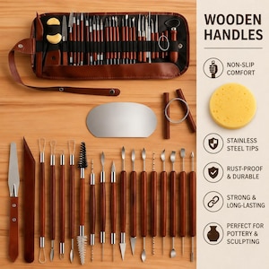 May include: A comprehensive pottery and sculpting tool set featuring numerous instruments with polished wooden handles and stainless steel tips. The collection includes a brown leather roll-up storage case, a metal rib, a wire cutter, and a yellow sponge.