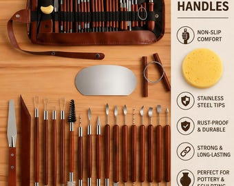 Pottery Sculpting Tools, Wooden Handles, Stainless Steel Tips, Ceramics Clay Craft Kit