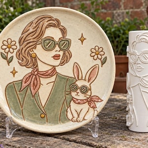May include: A round ceramic plate featuring a raised illustration of a person with short hair, sunglasses, and a neck scarf, accompanied by a rabbit wearing matching glasses and a scarf, alongside a white cylindrical pottery rolling pin with the same design.