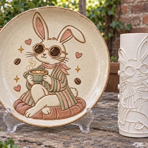 May include: A round ceramic plate featuring a raised illustration of a rabbit wearing sunglasses and a striped robe while holding a coffee cup, accompanied by a matching cylindrical ceramic vase with a monochromatic embossed rabbit design.