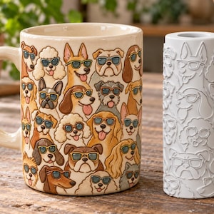 May include: A cream-colored ceramic mug featuring a colorful illustration of various dog breeds wearing sunglasses, positioned next to a white cylindrical rolling pin embossed with a matching pattern of dog faces wearing sunglasses.