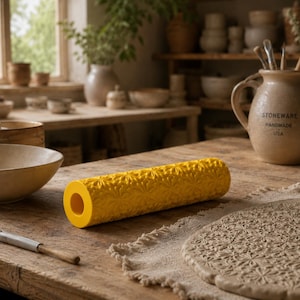 Puede incluir: Un rodillo cilíndrico de color amarillo brillante para arcilla con un patrón floral en forma de estrella repetido en relieve. La herramienta se encuentra sobre una mesa de madera junto a una pieza de arcilla aplanada con el mismo diseño estampado.