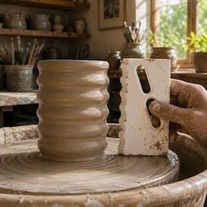 May include: A cylindrical clay vessel with a ribbed, undulating surface texture sits on a pottery wheel. A rectangular white ceramic rib tool with a serrated edge and two elongated cutouts is held against the side of the clay to shape it.