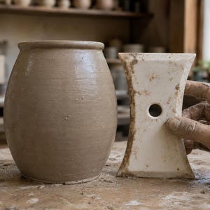 May include: A cylindrical, light brown clay vessel with a smooth, textured surface standing next to a white, hourglass-shaped pottery rib tool. The rib tool features a central circular hole and shows traces of wet clay on its surface.