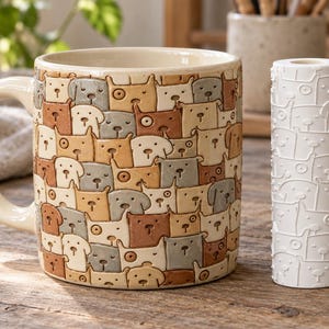 6" Multi Dog Head Texture Roller for Pottery | 3D Printed Ceramic Surface Design Tool