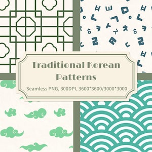 May include: A digital art image showcasing four distinct seamless patterns. The patterns include geometric shapes, Korean characters, cloud motifs, and a wave design. The text "Traditional Korean Patterns" is displayed in a decorative frame.