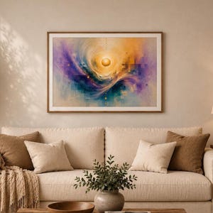 May include: A rectangular wall art print in a wooden frame featuring an abstract composition with a central glowing golden sphere surrounded by swirling gradients of deep purple, blue, and orange hues, accented by small geometric square shapes.