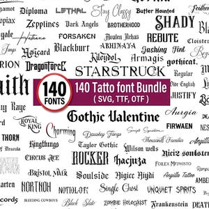 Puede incluir: Una colección digital de 140 fuentes de tatuaje mostradas en varios estilos de letra negra sobre un fondo blanco. Una banda rectangular granate central presenta el texto blanco 140 Tatto font Bundle ( SVG, TTF, OTF ) con un icono circular 140 FONTS.