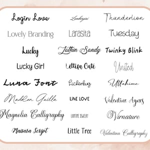 May include: A collection of various font styles in black, displayed on a light background. The fonts include cursive, bold, and sans-serif options, with names like "Login Love," "Lucky," and "Magnolia Calligraphy."