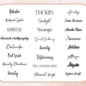 May include: A collection of various font styles displayed on a white background with a soft pink border. The fonts include a mix of serif, sans-serif, and script styles, with names like "Beauty," "Thorin," and "Alligator."