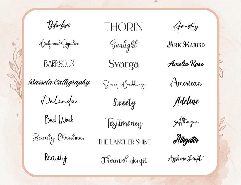 May include: A collection of various font styles displayed on a white background with a soft pink border. The fonts include a mix of serif, sans-serif, and script styles, with names like "Beauty," "Thorin," and "Alligator."