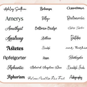 May include: A collection of various font styles displayed on a white background. The fonts are in black and include both serif and sans-serif options. The image is framed by a soft, floral design.