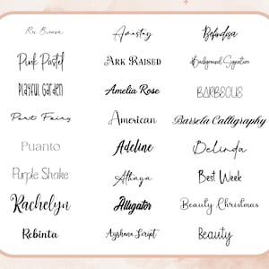 May include: A collection of various calligraphy and script fonts displayed on a white background. The fonts include names like "Pink Pastel", "Playful Garden", and "Rachelyn", among others. The text is in black.