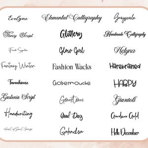 May include: A collection of various font styles displayed on a white background. The fonts include "Evelyne", "Glittery", "Fantasy Winter", "Farmhouse", "Gastonia Script", "Handwriting", and more. The text is in black.