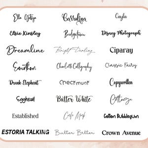 May include: A collection of handwritten text samples in various fonts, including "Ella Getsya", "Carrolina", and "Cayla". The text is displayed on a soft, neutral background with floral accents, showcasing a range of calligraphy styles.