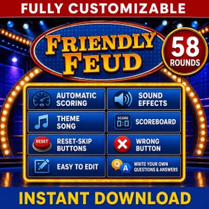 May include: A digital game board titled Friendly Feud with 58 rounds, featuring a blue interface with gold borders. It includes icons and text for automatic scoring, sound effects, theme song, scoreboard, reset-skip buttons, wrong button, and editing.