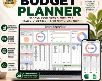 Budget Planner Google Sheets Monthly Weekly Biweekly Paycheck Budget Spreadsheet Template Simple Beginner Financial Planner Expense Tracker