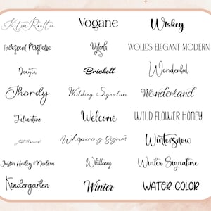 May include: A collection of various handwritten fonts in black, displayed on a white background. The fonts include styles such as "Wiskey", "Wonderful", and "Winter Signature". The image is framed with a soft, floral border.