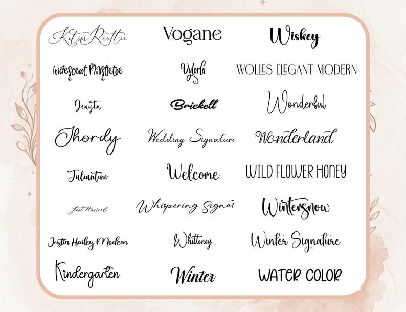 May include: A collection of various handwritten fonts in black, displayed on a white background. The fonts include styles such as "Wiskey", "Wonderful", and "Winter Signature". The image is framed with a soft, floral border.