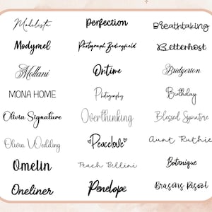 May include: A collection of various words and phrases in black script font, including "Modelista," "Perfection," and "Breathtaking." The words are arranged on a light pink background with floral accents, suitable for design projects.