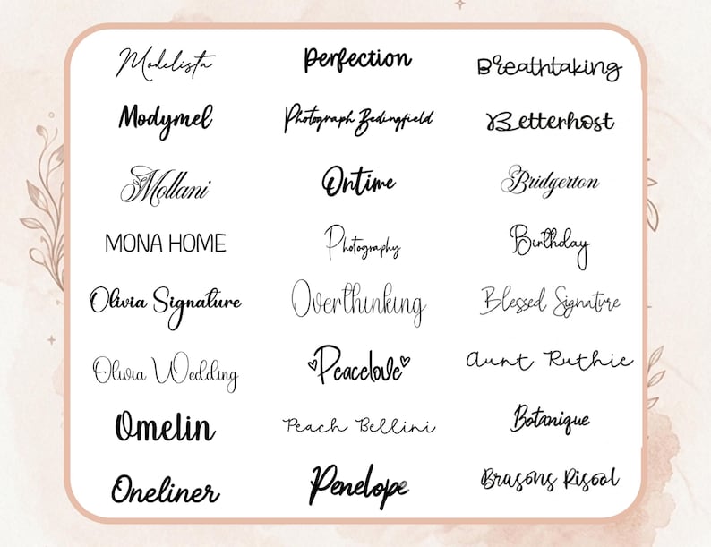 May include: A collection of various words and phrases in black script font, including "Modelista," "Perfection," and "Breathtaking." The words are arranged on a light pink background with floral accents, suitable for design projects.