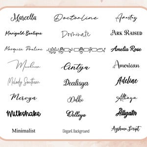 May include: A collection of various script fonts in black, displayed on a soft, off-white background. The fonts include names like "Marcella," "Doctorline," and "Amastay," with a few words like "Minimalist" and "Alligator" also present. The overall aesthetic is elegant and suitable for design projects.