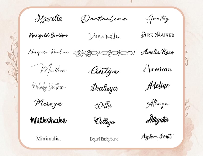 May include: A collection of various script fonts in black, displayed on a soft, off-white background. The fonts include names like "Marcella," "Doctorline," and "Amastay," with a few words like "Minimalist" and "Alligator" also present. The overall aesthetic is elegant and suitable for design projects.