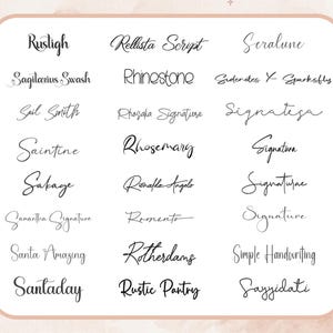 May include: A collection of various handwritten fonts in black, displayed on a soft, beige background. The fonts include styles like "Rusligh," "Rellista Script," and "Sagittarius Swash," showcasing diverse calligraphy options.