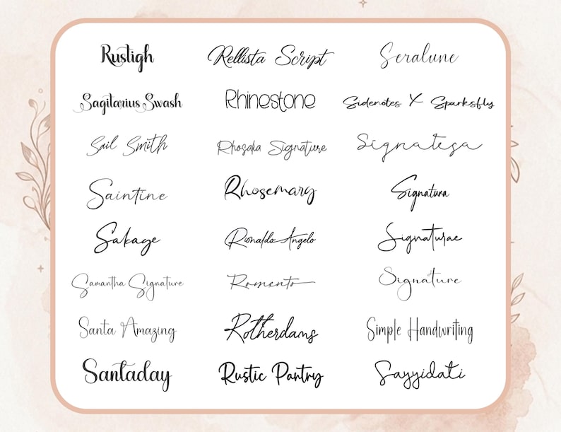 May include: A collection of various handwritten fonts in black, displayed on a soft, beige background. The fonts include styles like "Rusligh," "Rellista Script," and "Sagittarius Swash," showcasing diverse calligraphy options.