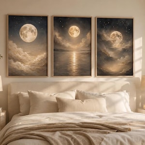 Celestial Moon Wall Art Set of 3, Neutral Moon Printable, Quiet Luxury Bedroom Decor, Modern Celestial Prints, Beige Gallery Wall Download