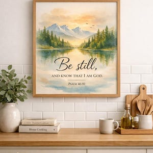 Może przedstawiać: Kwadratowy oprawiony wydruk artystyczny przedstawiający akwarelowy krajobraz gór, sosen i spokojnego jeziora. Tekst brzmi: Be still, AND KNOW THAT I AM GOD. PSALM 46:10. Dzieło jest umieszczone w jasnej drewnianej ramie na białej ścianie wyłożonej kafelkami.
