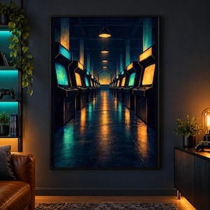 Puede incluir: Una impresión de arte mural enmarcada que representa un largo pasillo oscuro con filas de máquinas recreativas vintage. Las pantallas brillan con luz turquesa y naranja, reflejándose en el suelo pulido, iluminadas por lámparas colgantes.