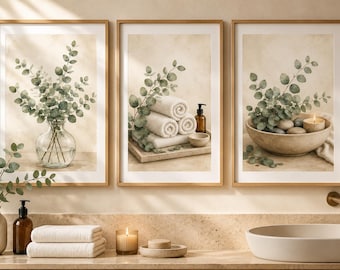 Spa Bathroom Wall Art Set of 3, Eucalyptus Bathroom Prints, Neutral Botanical Decor, Printable Bathroom Wall Decor, Digital Download